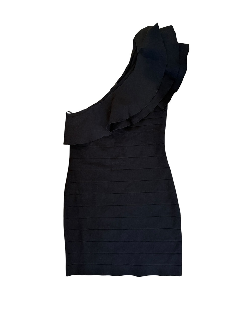 bebe One Shoulder Ruffle Bandage Dress Size M Black Bodycon Cocktail Mini